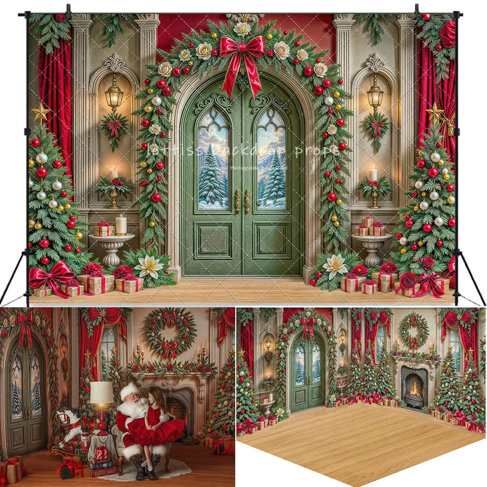 Fundo Fotográfico Natalino - Lareira com Guirlanda e Porta Verde para Fotos de Natal em Família