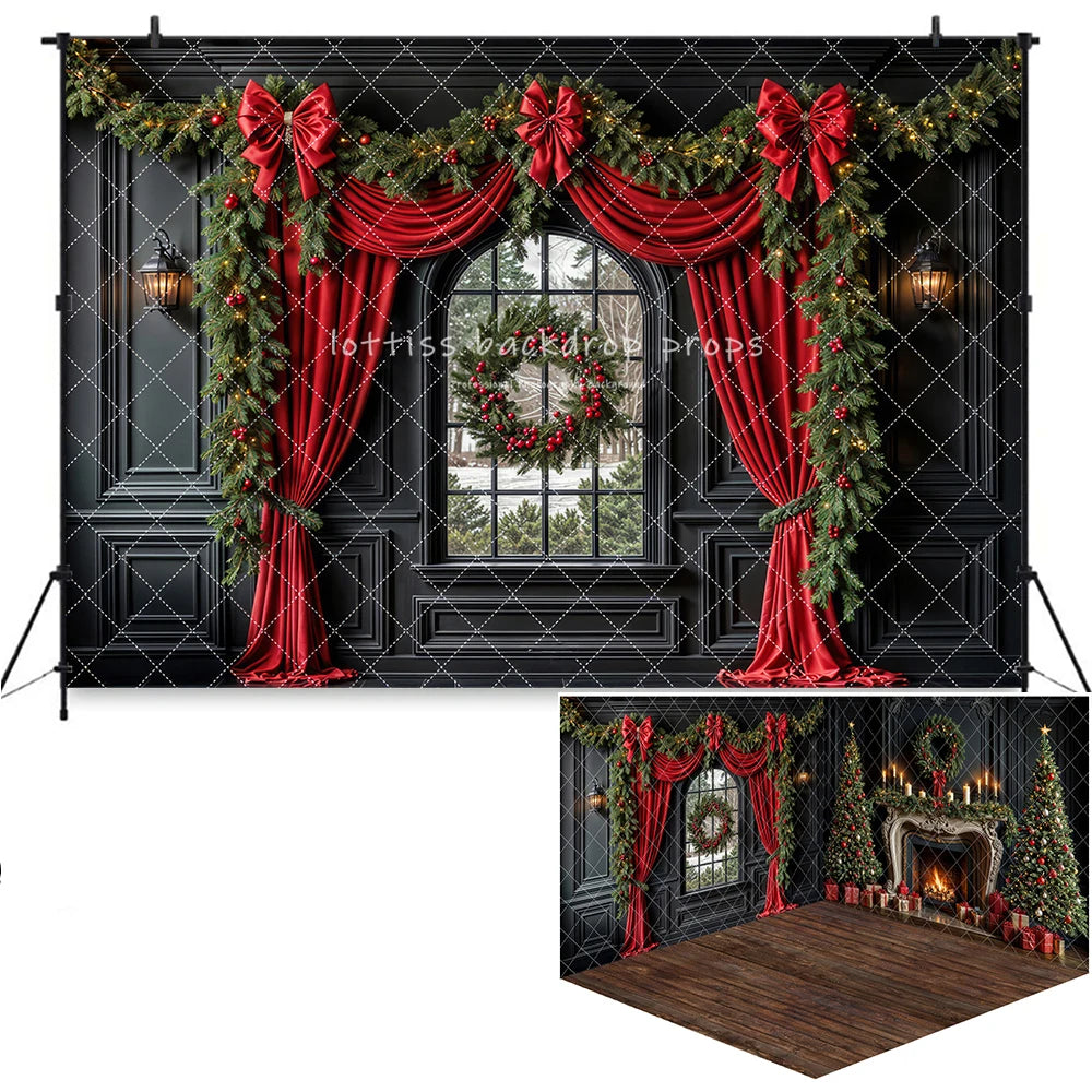 Fundo Fotográfico Natalino - Lareira com Guirlanda e Porta Verde para Fotos de Natal em Família