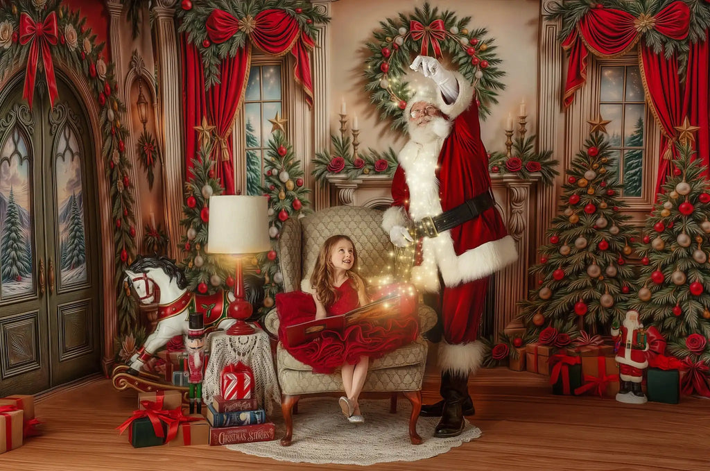 Fundo Fotográfico Natalino - Lareira com Guirlanda e Porta Verde para Fotos de Natal em Família