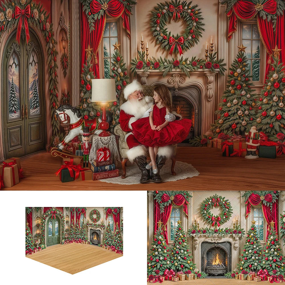 Fundo Fotográfico Natalino - Lareira com Guirlanda e Porta Verde para Fotos de Natal em Família