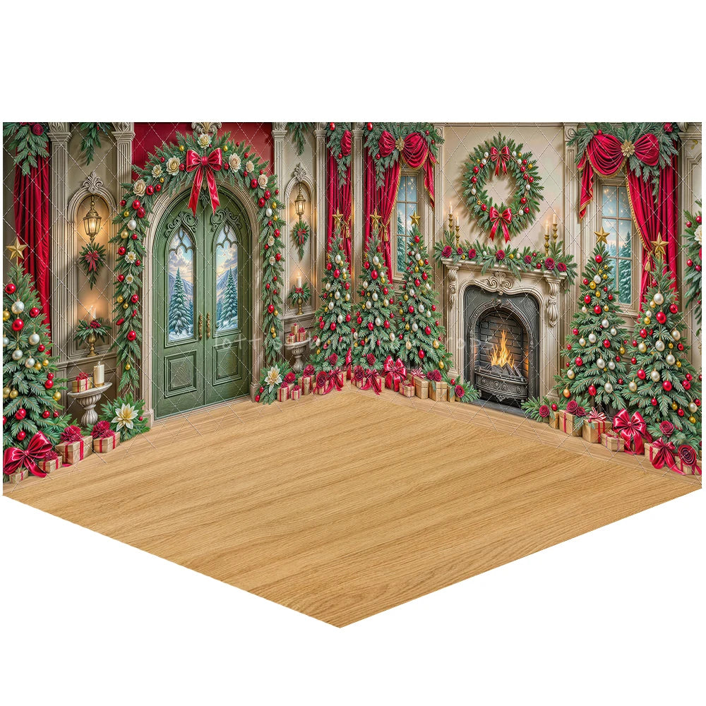 Fundo Fotográfico Natalino - Lareira com Guirlanda e Porta Verde para Fotos de Natal em Família