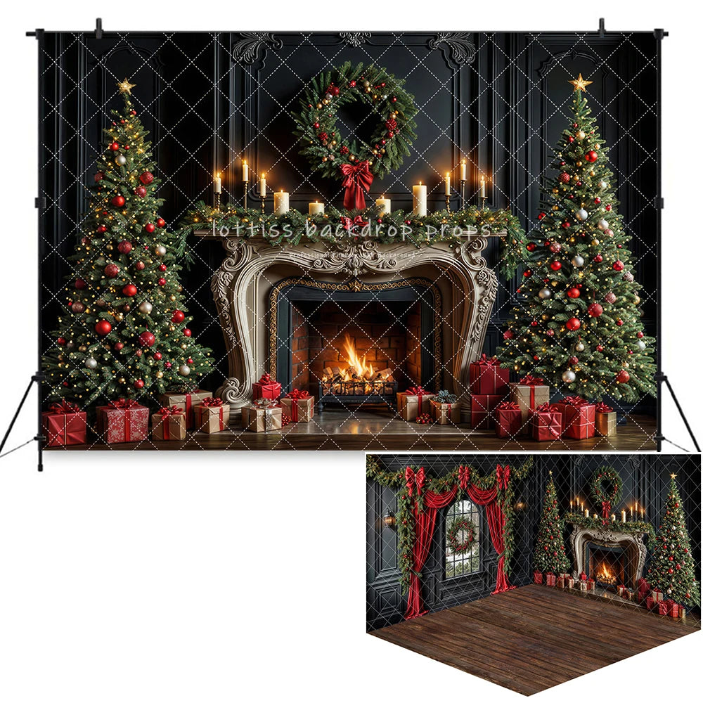 Fundo Fotográfico Natalino - Lareira com Guirlanda e Porta Verde para Fotos de Natal em Família