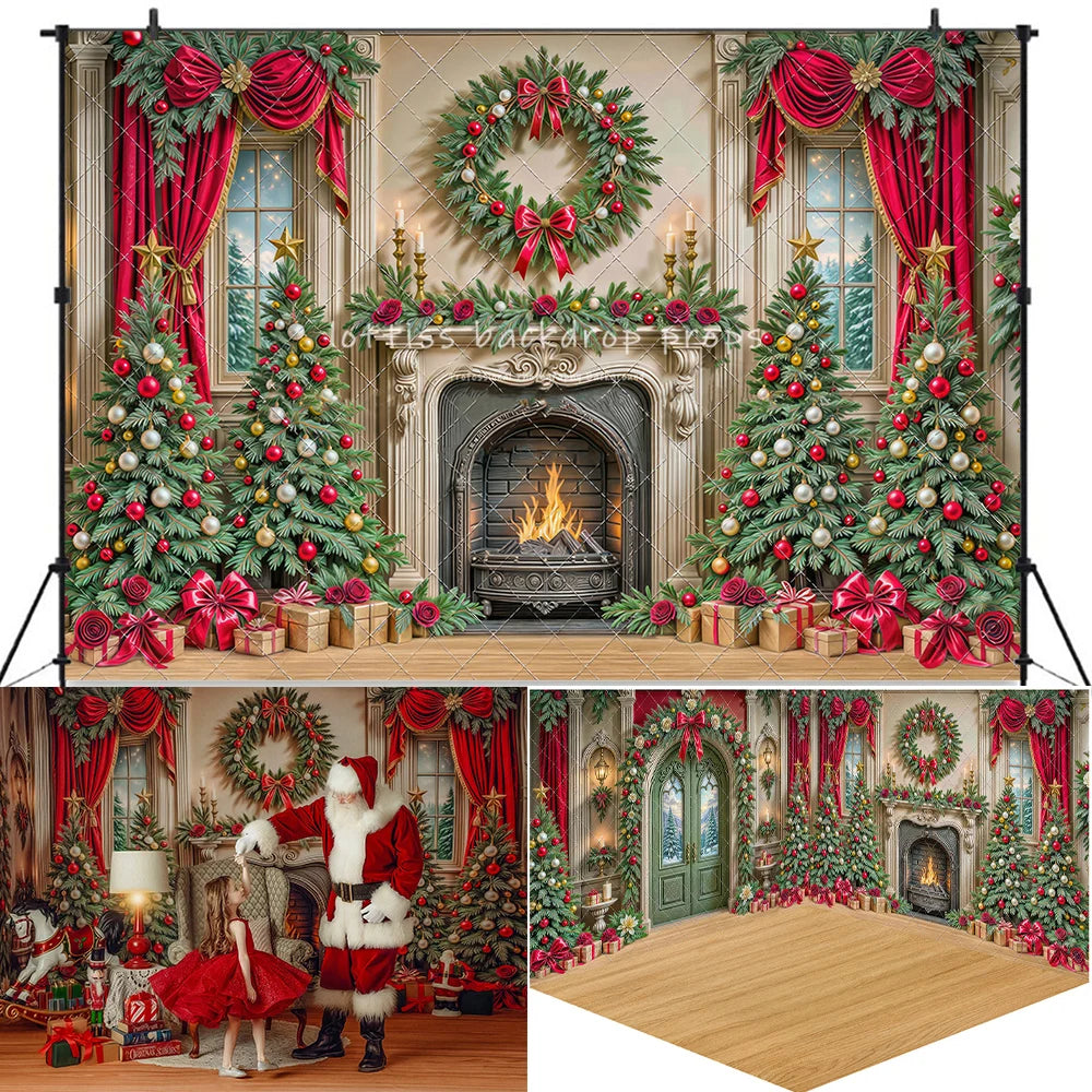 Fundo Fotográfico Natalino - Lareira com Guirlanda e Porta Verde para Fotos de Natal em Família