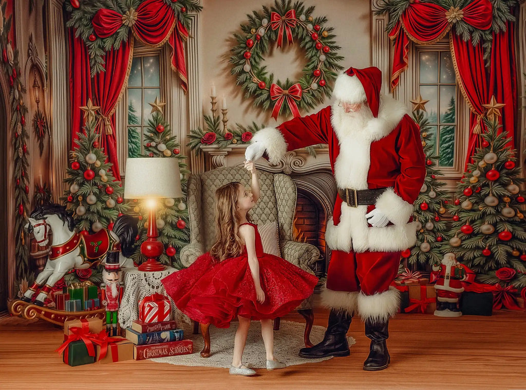 Fundo Fotográfico Natalino - Lareira com Guirlanda e Porta Verde para Fotos de Natal em Família