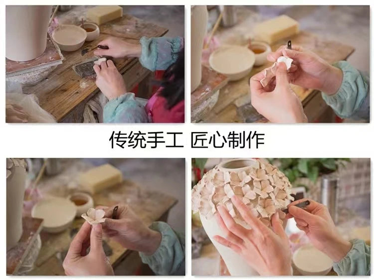 Vaso Branco com Flores Esculpidas - Porcelana Artesanal