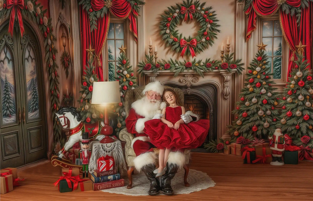 Fundo Fotográfico Natalino - Lareira com Guirlanda e Porta Verde para Fotos de Natal em Família